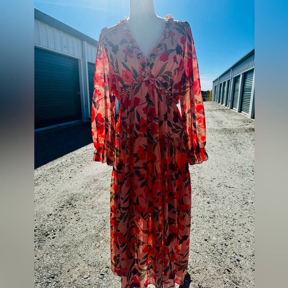 Floral Long Sleeve Ruffle Cuff Maxi Dress Romantic & Effortlessly Elegant